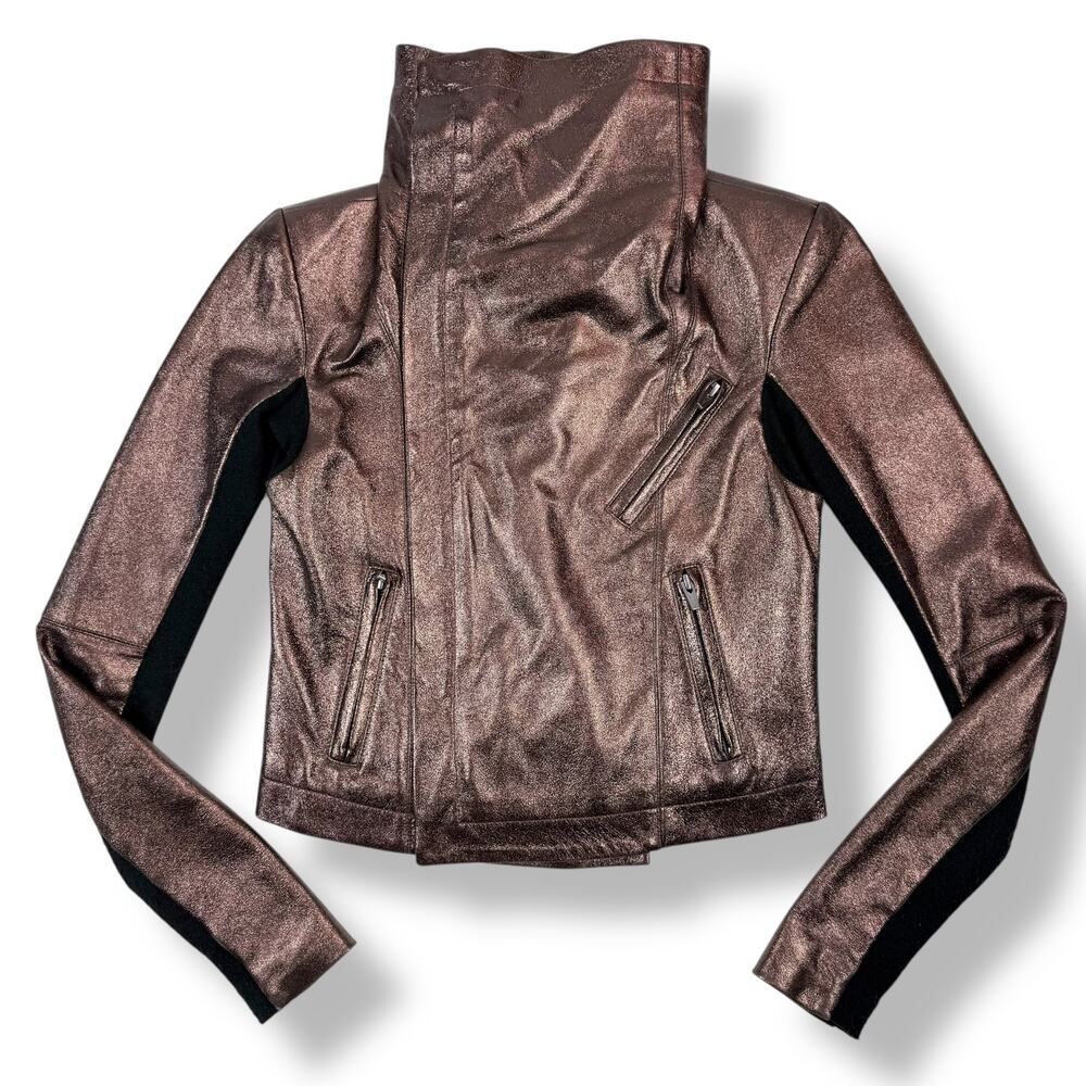 VEDA NYC metallic bronze lamb leather fitted cropped biker jacket - Picture 8 of 16